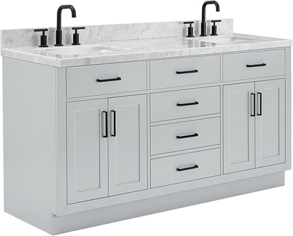 ARIEL Hepburn 66-inch Bathroom Vanity with Sink,Solid Wood, 1.5-inch Italian Carrara Marble Countertop, Double Rectangular Porcelain Sink, 4 Soft Closing Doors, 6 Dovetail Drawers, Grey