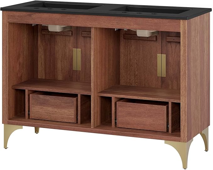 Modway Daylight Bathroom Vanity Cabinet with Ceramic Basin, 48" Double Sink, Black Walnut