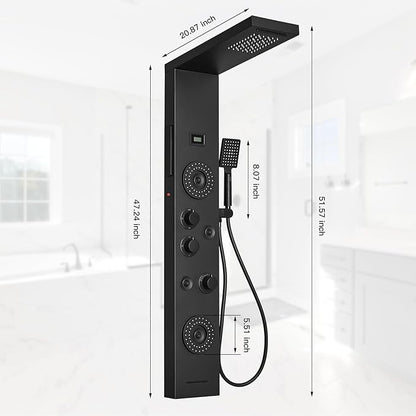 6 in 1 Shower Panel Tower System, Rainfall Shower Panels Set w/LED and Digital Display Stainless Steel Shower Tower with Waterfall Tub Spout 2-Type Massage Jets Handheld Head Matte Black
