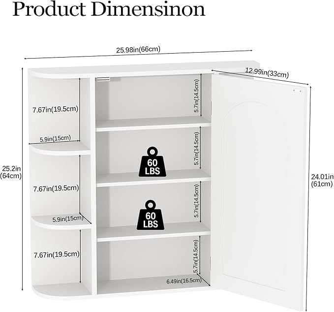 Bathroom Wall Cabinet, Medicine Cabinet with Mirror and Adjustable Shelves,White Wall Mounted Cabinet Over The Toile,3-Tier Wood Hanging Storage for Bathroom,Kitchen,Living,Laundry Room