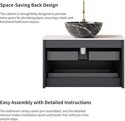 Yayzy 24" Floating Bathroom Vanity with Sink, Solid Wood Fluted Cabinet, White Marble-Patterned Ceramic Basin & Faux Marble Top, Soft-Close Drawer, Pre-Assembled, Gloss Black