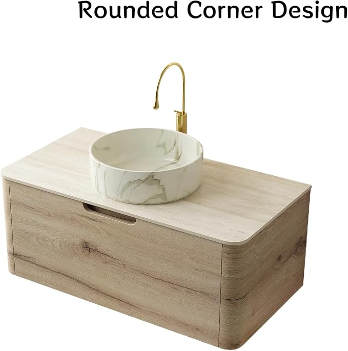 Bathroom Vanity with Sink, 36" Wall-Mounted Bathroom Storage Cabinet with Round Ceramic Basin & Soft-Close Undermount Drawer, Modern Pre-assembled Floating Vanity with Curved Design, White Oak