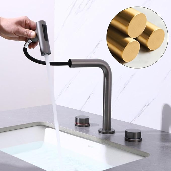 BiaoTeng Bathroom Faucets for Sink 3 Hole Pull Out 2 Functions with 360° Swivel Hot and Cold Brass 2 Handle Faucet for Bathroom Sink Pull Down Grey