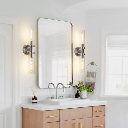 Brushed Nickel 2-Light Bathroom Vanity Light Fixture, Modern Bathroom Sconces Wall Lighting W/Clear Glass Shade, Horizontal and Vertical Wall Mount Lamp for Mirror Hallway Kitchen