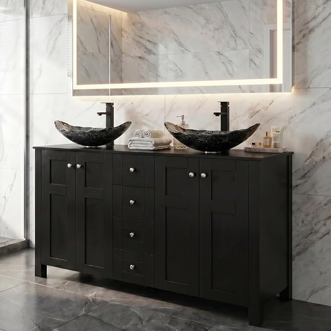 48 Inch Bathroom Vanity with Sink, Traditional Freestanding Black Bathroom Vanity Cabinet with Four Drawers, Pedestal Cabinet with Two Leaf Silver Glass Vessel Sinks