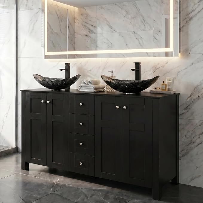 48'' Bathroom Vanity with Sink, Modern Bathroom Cabinet Black | 4 Soft-Close Cabinet Doors, 4 Drawers, 4-Tier Inner Shelf, Freestanding Large Storage Cabinet, Without Sink