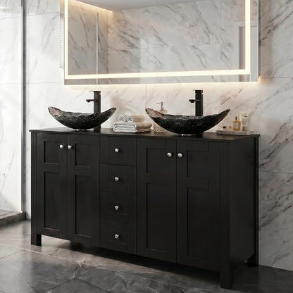 48'' Bathroom Vanity with Sink, Modern Bathroom Cabinet Black | 4 Soft-Close Cabinet Doors, 4 Drawers, 4-Tier Inner Shelf, Freestanding Large Storage Cabinet, Without Sink