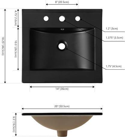 JONATHAN Y SNK1000B Ancillary 3-Hole 20 in. W x 18.25 in. D Classic Contemporary Rectangular Ceramic Single Sink Basin Vanity Top, Black
