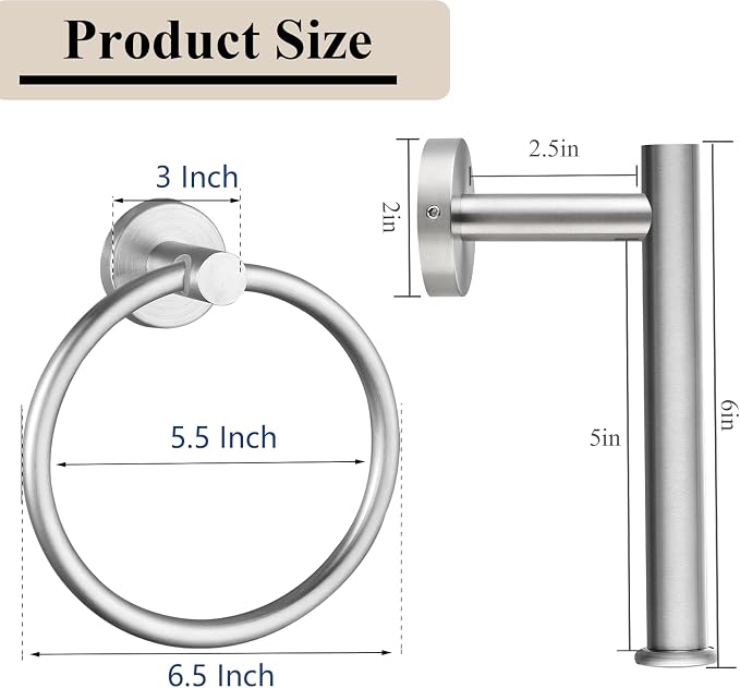 Bathroom Hardware Set, Towel Ring & Toilet Paper Holder, Stainless Steel SUS304, Hand Towel Hanger & Toilet Roll Holder, Sturdy Bathroom Accessories for Home or Kitchen Brushed Nickel