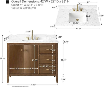 HOMEBEYOND 42" Bathroom Vanity with Sink, Solid Wood Bathroom Vanity Free-Standing Cabinet, Drawers, Ceramic Top & Soft Closing Door, Golden Brushed Handware, Walnut
