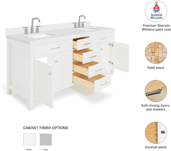 ARIEL Bristol 72-inch Bathroom Vanity with Sink,Solid Wood, 1.5-inch Pure White Quartz Countertop & Backsplash, Double Rectangular Porcelain Sink, 4 Soft Closing Doors, 4 Dovetail Drawers, White