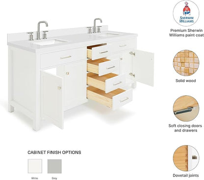 ARIEL Bristol 72-inch Bathroom Vanity with Sink,Solid Wood, 1.5-inch Pure White Quartz Countertop & Backsplash, Double Rectangular Porcelain Sink, 4 Soft Closing Doors, 4 Dovetail Drawers, White