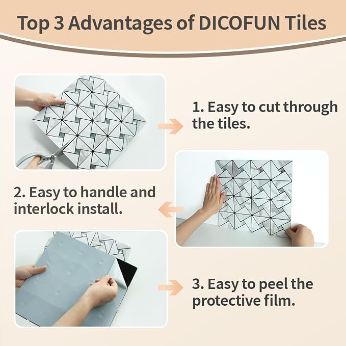 DICOFUN White Marble Look Peel and Stick Backsplash Tile, Mixed Glass Self-Adhesive Mosaic Tiles, Stainless Steel Stick on Wall Tiles for Kitchen and Bathroom Backspalsh, Mirror Décor, 10