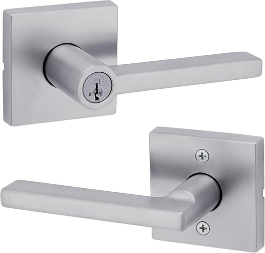 Kwikset Halifax Keyed Storeroom Entry Door Handle with Lock and Key, Secure Keyed Reversible Lever Exterior, for Front Entrance and Bedrooms, Satin Chrome, Pick Resistant Smartkey Rekey Security