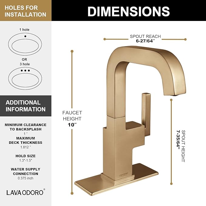 Lava Odoro Champagne Gold Bathroom Faucet Single Hole, Bronze Gold Bathroom Sink Faucet Single Handle Vanity Faucets with Drain Assembly, Restroom Solid Brass Faucets Deck Plate Included BF204-CB