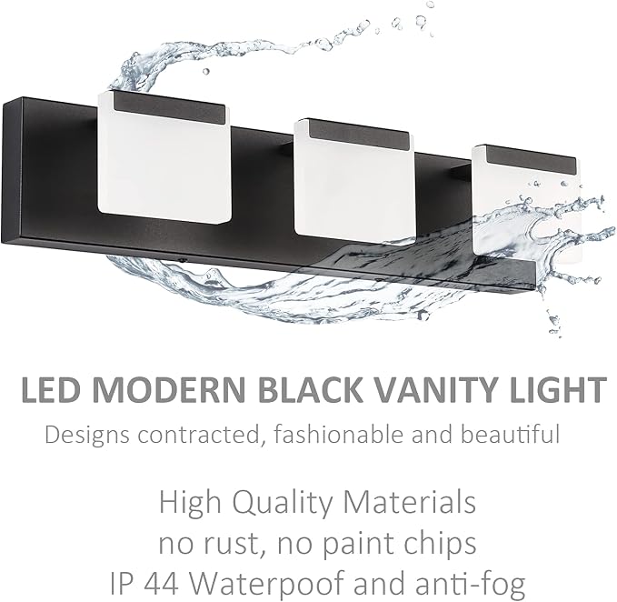 Ralbay LED Modern Black Vanity Light 3 Light Acrylic Matte Black Bathroom Vanity Wall Light Modern Black Bathroom Vanity Lighting Fixtures