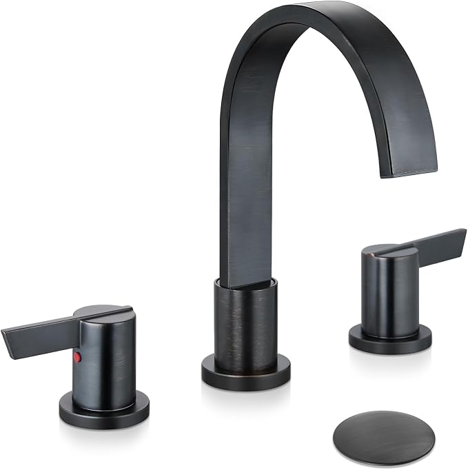 Midanya 8 Inch Widespread Bathroom Sink Faucet 3 Hole,Oil Rubbed Bronze | Waterfall Swivel Spout,2 Handle,SUS304,with Pop Up Drain,cUPC 24" Water Hose,for 6-16” hole distance vanity,RV,Farmhouse Sink