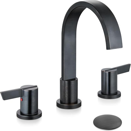 Midanya 8 Inch Widespread Bathroom Sink Faucet 3 Hole,Oil Rubbed Bronze | Waterfall Swivel Spout,2 Handle,SUS304,with Pop Up Drain,cUPC 24" Water Hose,for 6-16” hole distance vanity,RV,Farmhouse Sink