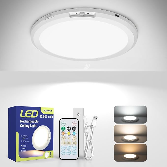 10000mAh Rechargeable LED Motion Sensor Ceiling Light with Remote | 7.09" Wireless Lights Waterproof Shower 3000K/4000K/6000K Magnetic Stick On Battery Operated Light Indoor for Closet Bathroom
