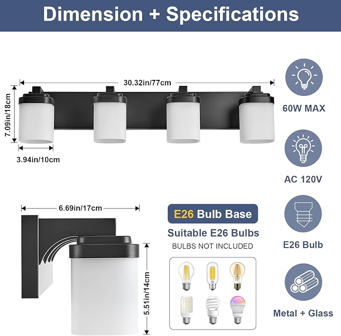 Bathroom Vanity Lights, Modern Bathroom Light Fixtures Over Mirror | 4-light black light fixture bathroom with milky white square glass shade, 29" farmhouse lighting fixtures lights for wall