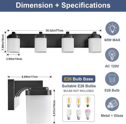 Bathroom Vanity Lights, Modern Bathroom Light Fixtures Over Mirror | 4-light black light fixture bathroom with milky white square glass shade, 29" farmhouse lighting fixtures lights for wall
