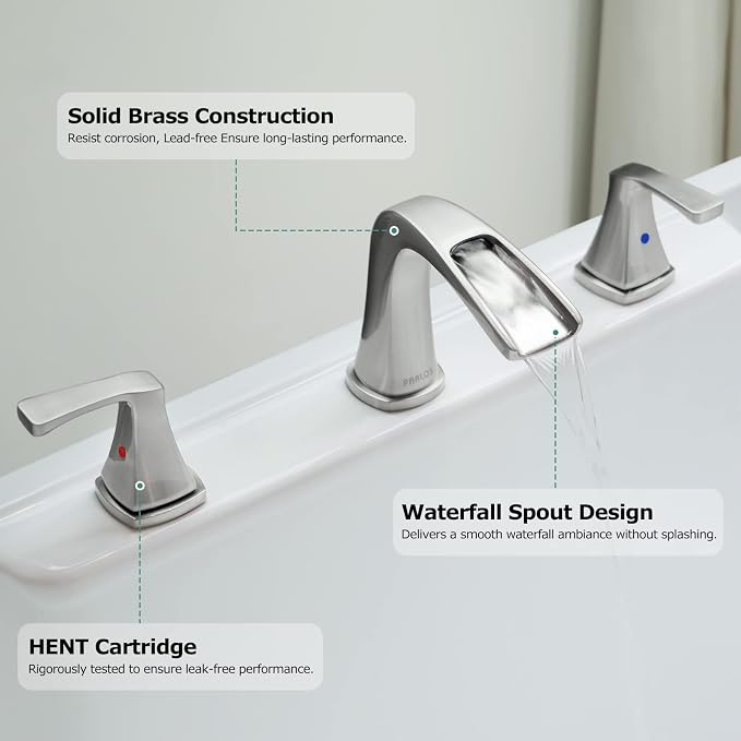 Waterfall 2 Handle Widespread Roman Tub Faucet Brushed Nickel | 3 Hole Deck Mount Bathtub Filler with Valve & Supply Lines
