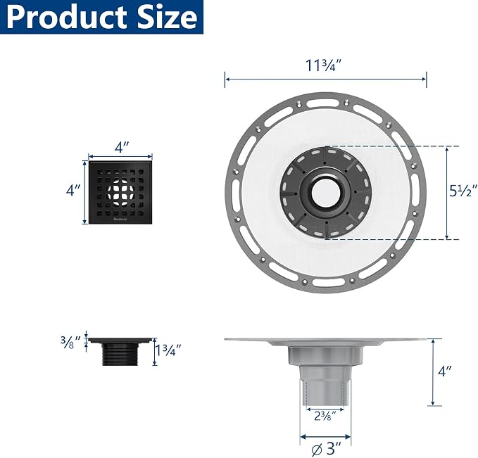 Neodrain 4" Low Profile Square Shower Drain Kit, Matte Black | 304 Stainless Steel, Removable Grate/Drainage Key, PVC Bonding Flange Base with Fabric, For Low Profile Shower Pan