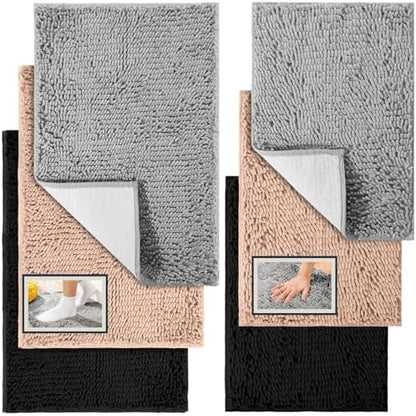 6 Pcs Chenille Bathroom Rugs Non Slip Bath Mats Set, Camel, Grey, Black