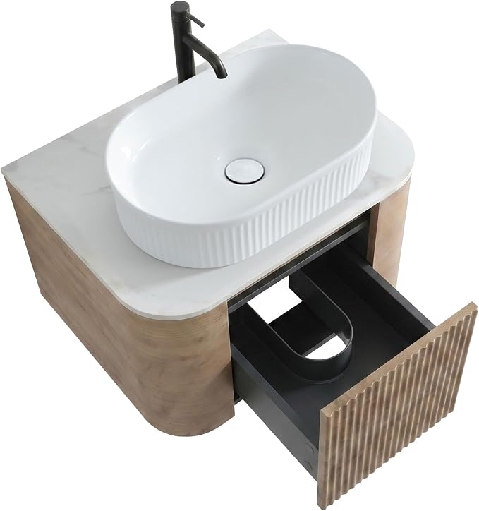 24" Preassembled Floating Bathroom Vanity with White Sink, Oak | Mid-Century Modern Style, Fluted & Soft-Close Drawer with U-shaped Wall, Sinterted Stone Countertop, Towel Rack Included