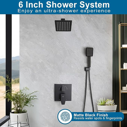 Matte Black Shower Faucet Set Rainfall 6 Inch Shower Head and Handle Set Bathroom Rain Shower System Wall Mounted Shower Fixture Include Shower Valve and Trim Kit