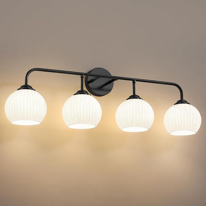 RUIYEY Bathroom Vanity Light Fixtures: 4-Light Matte Black Bathroom Lighting Fixtures Over Mirrors, Farmhouse Rustic Wall Sconce with Milky White Glass for Bath Living Room Cabinet