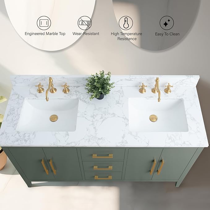 Vanity Art 60 inch Bathroom Vanity with Double Sink & Ceramic Top, Vanity Cabinet with Soft-Closing Doors, Drawers, Solid Wood Frame, Vintage Green, VA9060-DVG-GB1