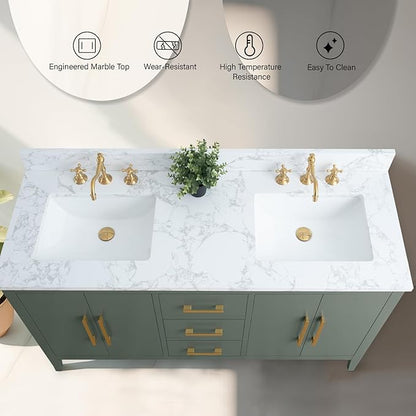 Vanity Art 60 inch Bathroom Vanity with Double Sink & Ceramic Top, Vanity Cabinet with Soft-Closing Doors, Drawers, Solid Wood Frame, Vintage Green, VA9060-DVG-GB1