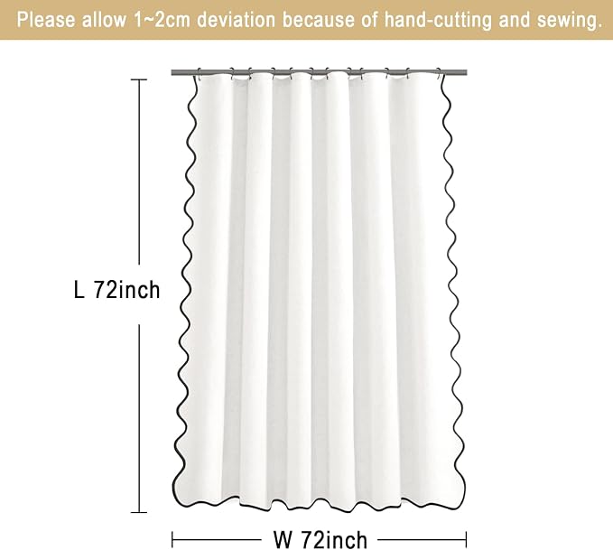 Scalloped Shower Curtain Linen Boho White 72" W x 72" L | Linen Fabric, Black Border, Washable, Heavy Duty Cloth, Shower Curtain for Boho Farmhouse Bathroom Bathtub