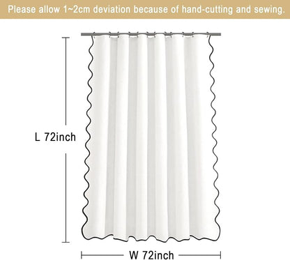 Scalloped Shower Curtain Linen Boho White 72" W x 72" L | Linen Fabric, Black Border, Washable, Heavy Duty Cloth, Shower Curtain for Boho Farmhouse Bathroom Bathtub