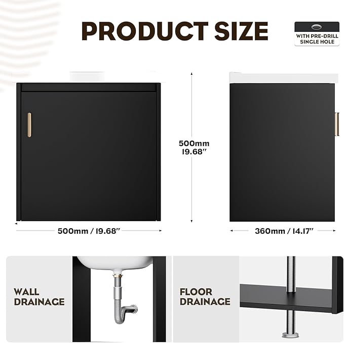 phiestina 20 Inch Floating Small Bathroom Vanity, Pre-Assembled Wall Mounted Black Cabinet with Soft-Close Door,Single Hole Ceramic Sink, Modern Space-Saving Design, No Faucet,BV04-20-PUREBLACK