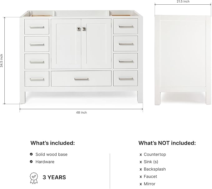 ARIEL Cambridge 48-inch Bathroom Vanity Base Cabinet,Solid Wood, 2 Soft Closing Doors, 9 Dovetail Drawers, White