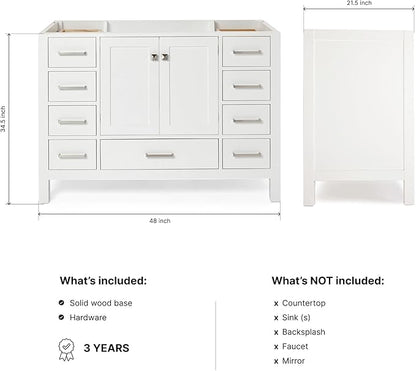 ARIEL Cambridge 48-inch Bathroom Vanity Base Cabinet,Solid Wood, 2 Soft Closing Doors, 9 Dovetail Drawers, White