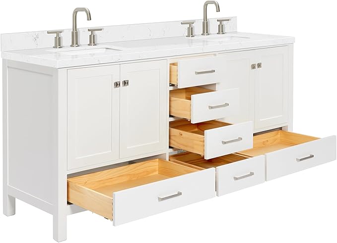 DKB Beckford 72 Inch Bathroom Vanity Double Sink — White Bathroom Vanity with Sink, 1.5" Edge Carrara White Quartz Countertop & Backsplash, 4 Soft-Close Doors, 6 Dovetail Drawers