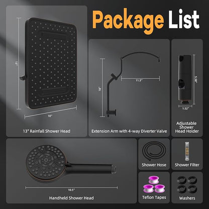 Hibbent 13'' Showerhead Combo, 10 Mode Filtered Handheld, Oil-Rubbed Bronze | High Pressure 5-Spray Showerhead, 4-way Diverter, Upgraded Heightened All Metal Extension Arm, 71'' Hose & Holder, Easy Reach