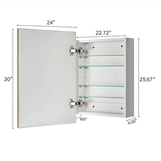 TEHOME 24'' x 30'' Brushed Gold Recessed and Surface Mount Bathroom Medicine Cabinet with Mirror Brushed Gold Square Cornered Metal Framed Rounded Rectangle Medicine Cabinet Mirror