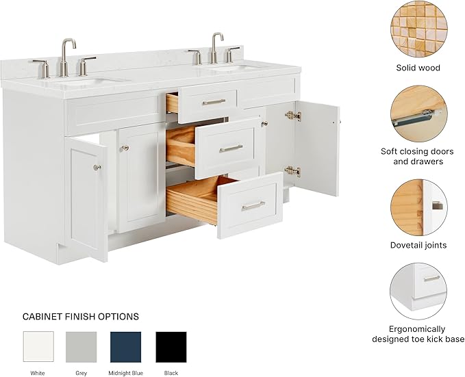ARIEL Hamlet 72-inch Bathroom Vanity with Sink,Solid Wood, 1.5-inch Carrara White Quartz Countertop & Backsplash, Double Rectangular Porcelain Sink, 4 Soft Closing Doors, 3 Dovetail Drawers, White