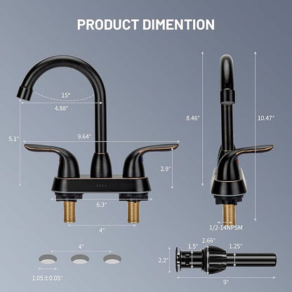 Bathroom Sink Faucet for 3 Hole, 4 Inch Stainless Steel Faucet for Bathroom, Bathroom Faucets with Deck Plate & Pop-Up Pop-Up Drain Assembly 2-Handle Faucet for Bathroom Sink Vanity RV Restroom