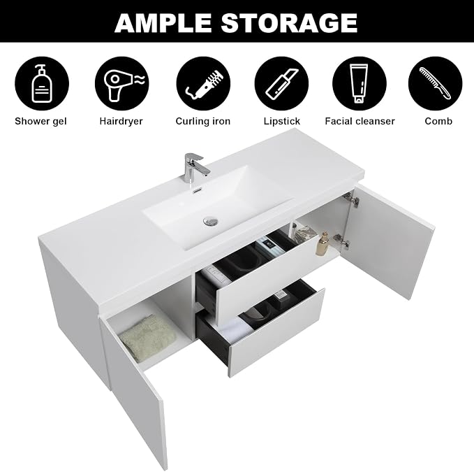 60'' Floating Bathroom Vanity, Pre-Assembled, Glossy White | 2 Soft-Close Drawers & Doors, Wall Mounted Bathroom Vanity with Single Sink, Resin Integrated Sink, Easy to Install & Clean