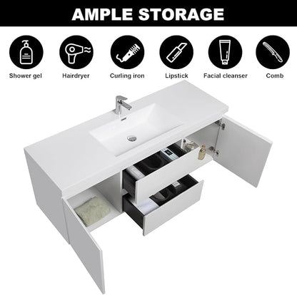 60'' Floating Bathroom Vanity, Pre-Assembled, Glossy White | 2 Soft-Close Drawers & Doors, Wall Mounted Bathroom Vanity with Single Sink, Resin Integrated Sink, Easy to Install & Clean