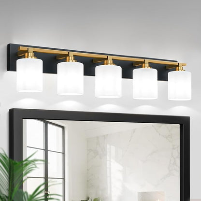 Black and Gold Bathroom Light Fixture, Modern 5 Light Vanity Lights for Bathroom Lighting Fixtures Over Mirror, White Glass Lampshade, Master & Guest bathrooms Bathroom Remodel, 35.4-inch