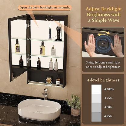20"×34" Lighted Medicine Cabinet with Mirror Adjustable Brightness 3 Color Temperature Lighting Anti-Fog Sturdy Aluminum led Medicine Cabinet Mirror 2 Socket & 2 USB Ports & Adjustable Shelf
