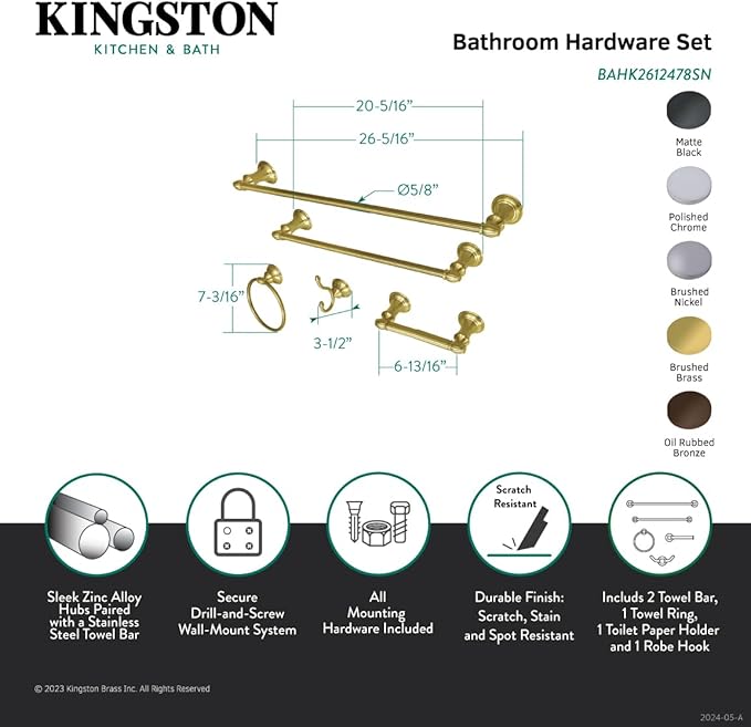 Kingston Brass BAHK2612478SN Provence 5-Piece 18-Inch and 24-Inch Towel Bars Bathroom Accessory Set in Brushed Nickel