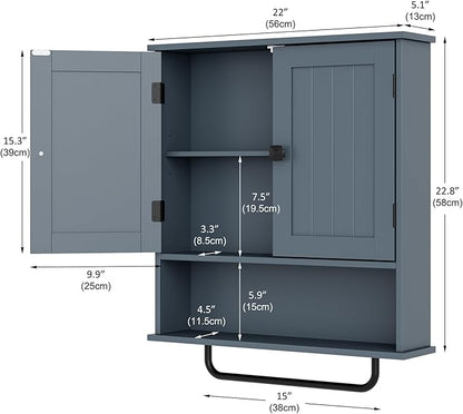 RRX Bathroom Cabinet Wall Mounted Medicine Cabinets with Towels Bar, Over The Toilet Storage Cabinet with 2 Doors and Adjustable Shelf, White Wall Cabinet for Bathroom Laundry Kitchen,Gray