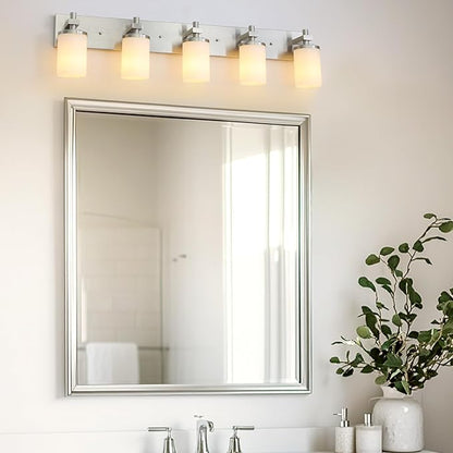 LOUSACE Bathroom Lighting Fixtures Over Mirror Brushed Nickel 5 Light Bathroom Vanity Lights with Opal White Glass Shades, Modern Vanity Wall Sconces Fixture for Bedroom Living Room